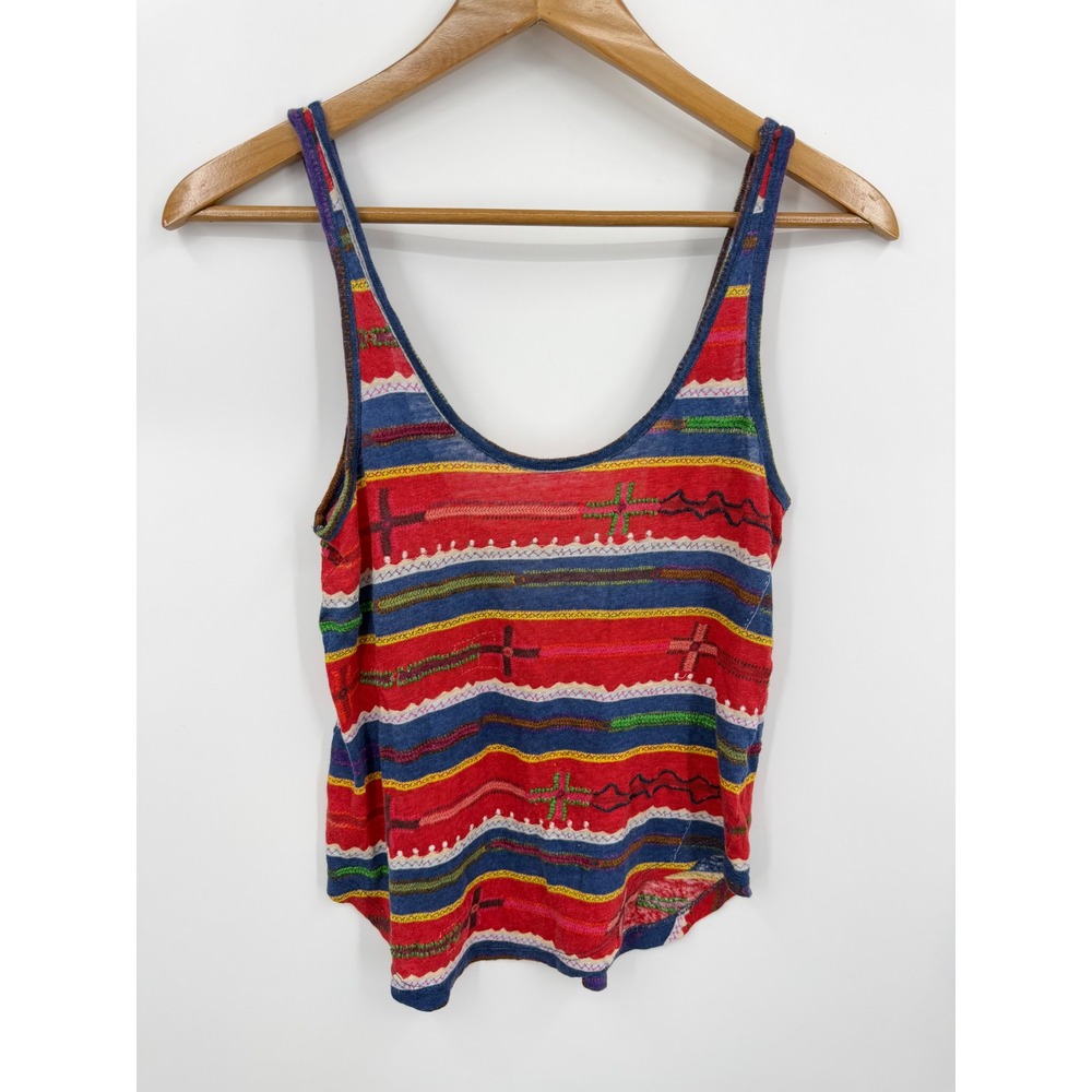 Patterson J Kincaid Linen Embroidered Tank Top Womens XS Multi Color Boho Stripe